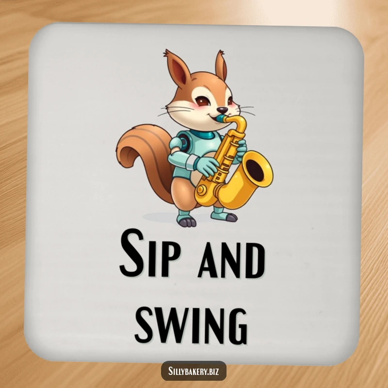 Funny squirrel bot drink coaster, protecting surfaces with style, featuring a mischievous bot playing a comically large toy saxophone, adding musical fun.