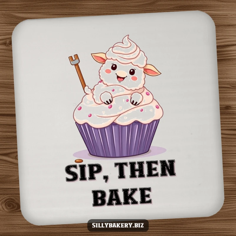 Funny sheep coaster showing a fluffy cartoon sheep with its hoof, enthusiastically frosting a giant cupcake, a comical baking accessory.