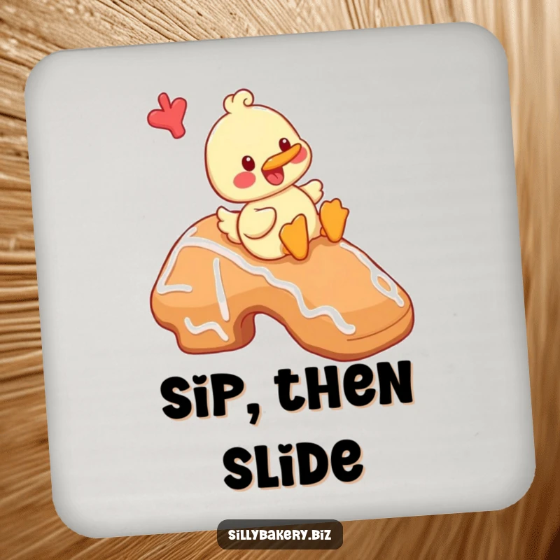 Funny duck coaster showing a cheerful cartoon duck playfully sliding down a giant gingerbread cookie, a delightful baking accessory.