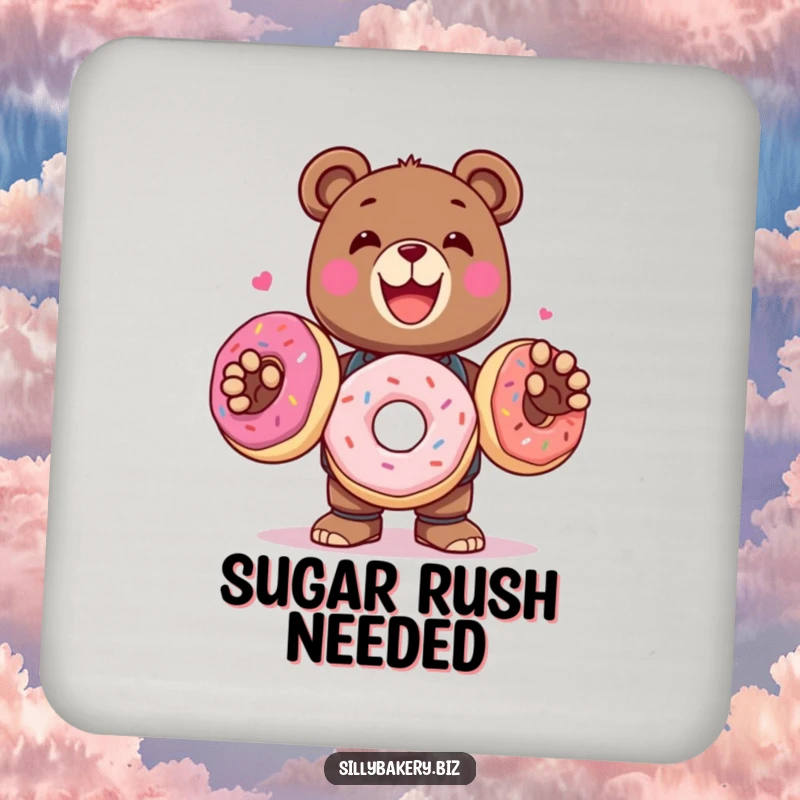 Funny Drink Coaster featuring a delighted bear bot juggling three colorful donuts, a sweet and humorous accessory.