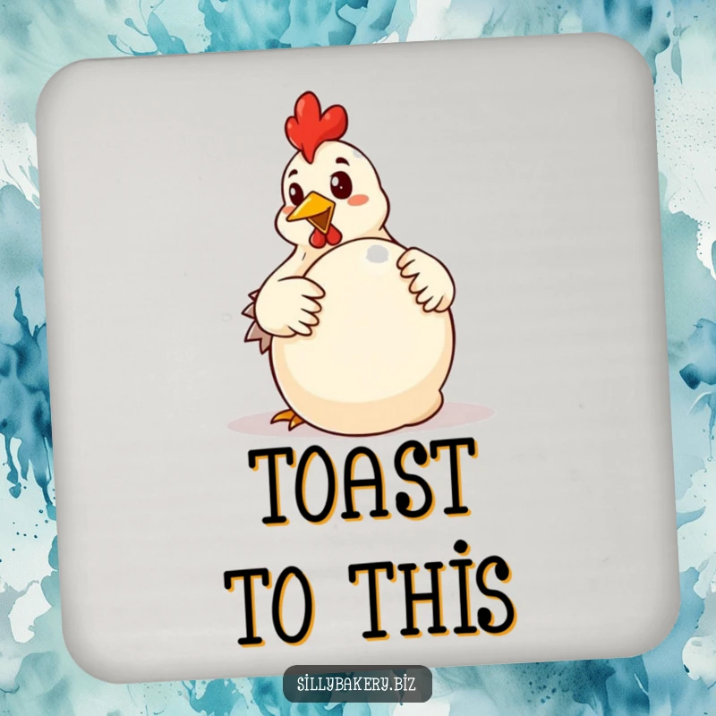 Funny chicken coaster showing a determined cartoon chicken enthusiastically kneading a large ball of dough, a comical baking accessory.