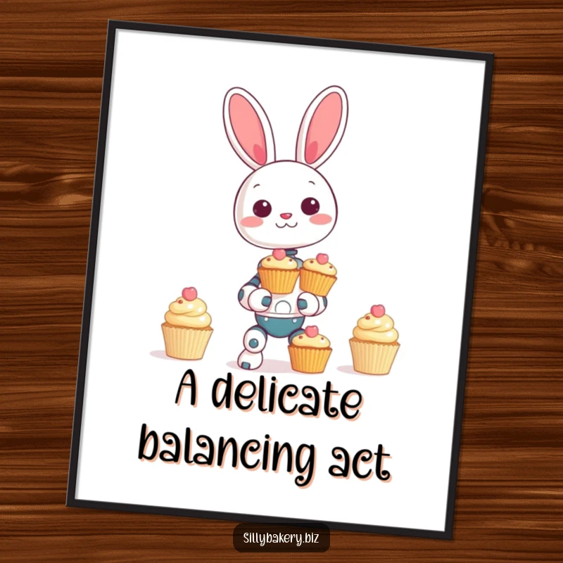 Funny bunny bot poster, capturing a giggling robot bunny attempting to balance a tall stack of small decorative cupcakes, sweet bot humor.