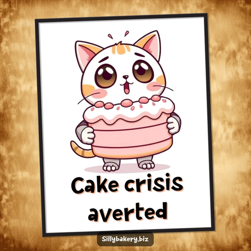 Funny Poster of a surprised cat bot with huge eyes, holding a comically large, unstable cake, a delightful wall decoration.