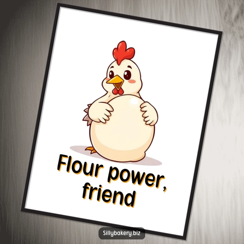 Funny chicken poster depicting a determined cartoon chicken enthusiastically kneading a large ball of dough, a comical baking scene.