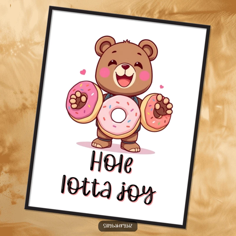 Funny Poster of a delighted bear bot juggling three large, colorful donuts, a wonderfully sweet and cheerful artwork.