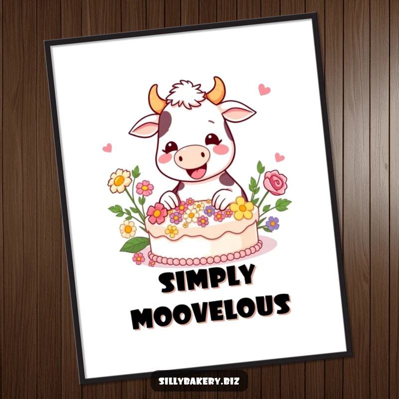 Funny cow poster depicting a happy cartoon cow gleefully decorating a cake with edible flowers, a sweet and charming scene.