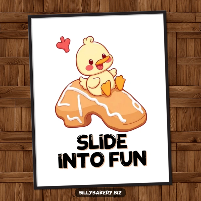 Funny duck poster depicting a cheerful cartoon duck playfully sliding down a large gingerbread cookie, a sweet and funny scene.