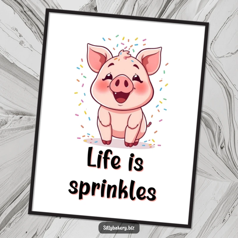 Funny pig poster depicting a smiling cartoon pig joyfully tossing a large cascade of colorful sprinkles, a celebration of sweet fun.