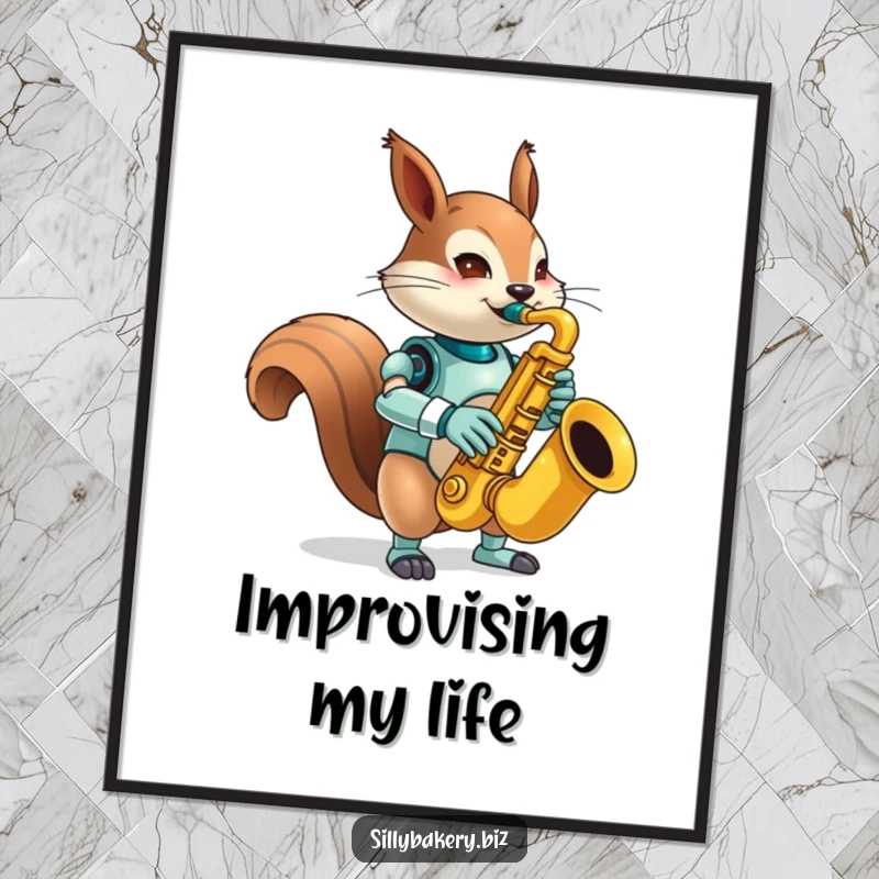 Funny squirrel bot poster, capturing a mischievous bot playing a comically large toy saxophone, bringing nutty, musical energy to any wall.