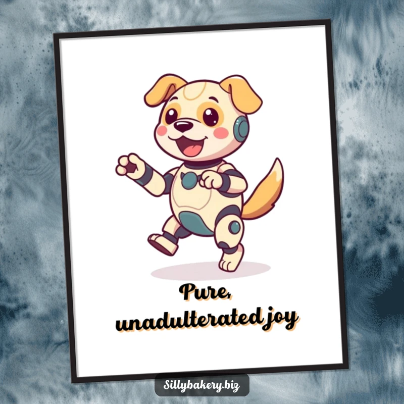 Funny dog bot poster, captured mid-energetic jig with its tail wagging, bringing a burst of playful bot joy to any wall space.
