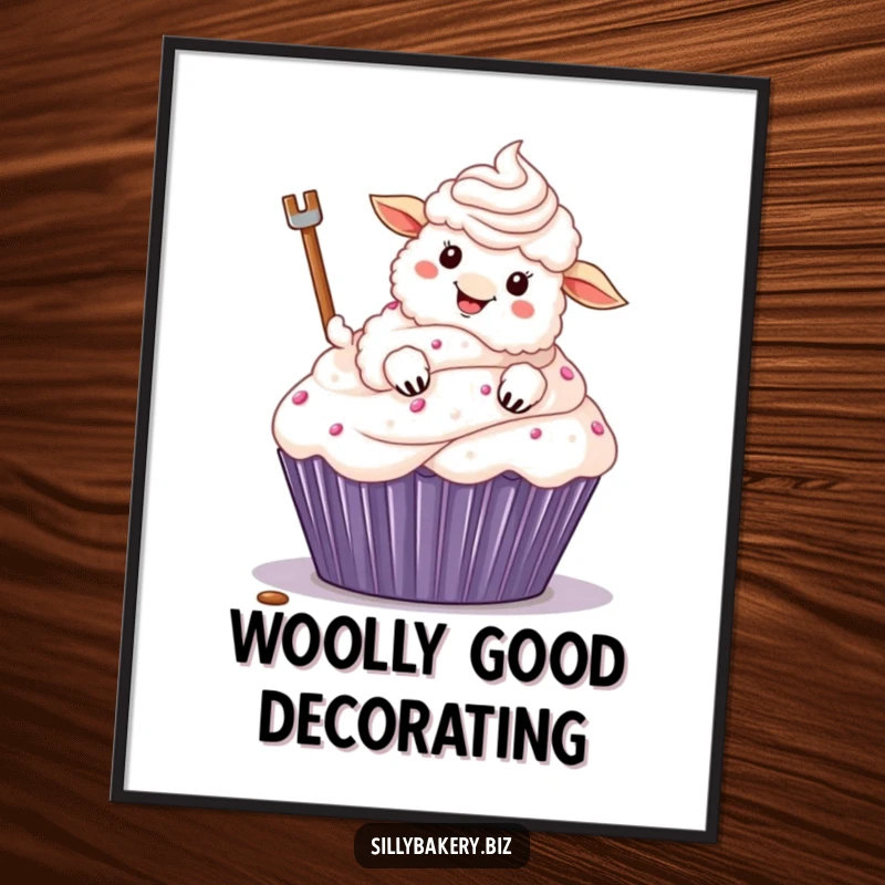 Funny sheep poster depicting a fluffy cartoon sheep with its hoof, excitedly frosting a massive cupcake, a comical baking illustration.