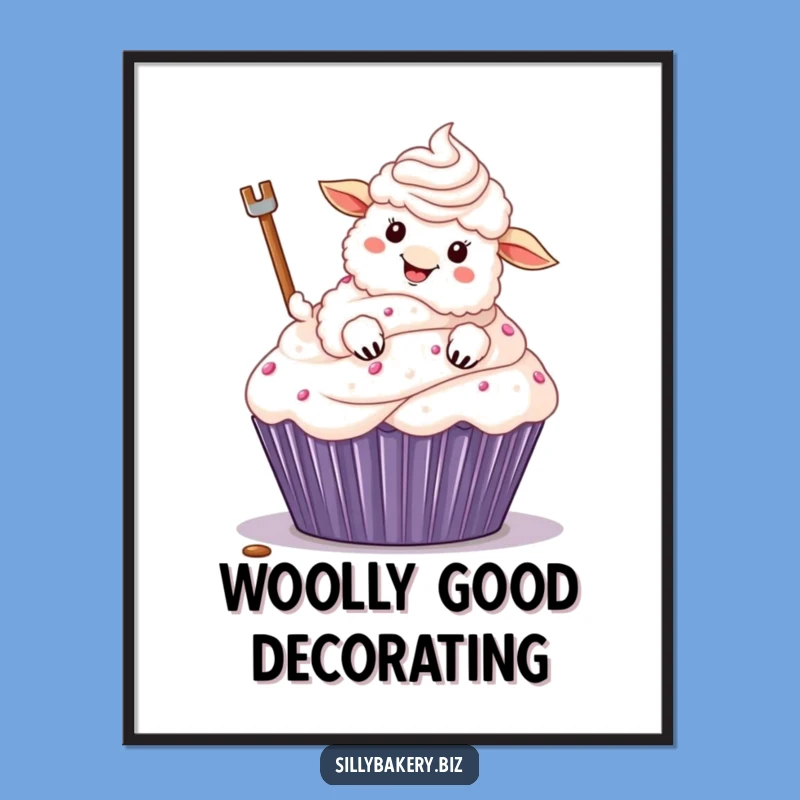 Funny Sheep Decor Poster: Hilarious Cartoon Sheep Frosting Cupcake Art Gift