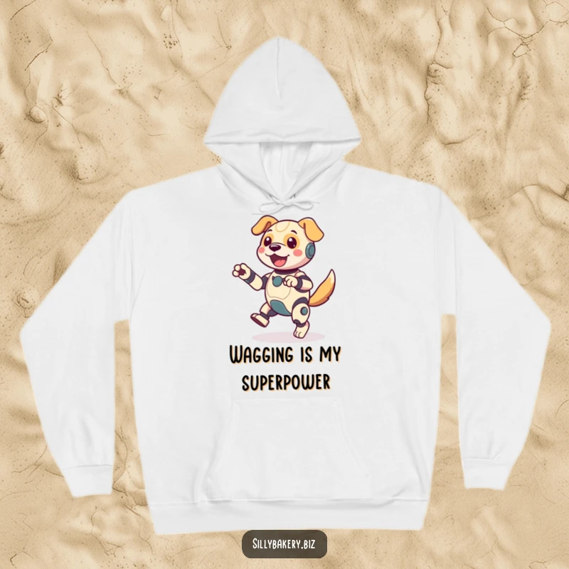 Funny dog bot hoodie, comfortably showing off an energetic jig with its tail wagging, exuding playful bot charm and cozy fun.