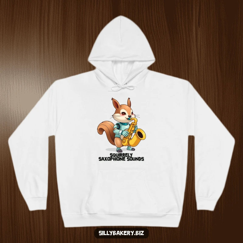 Funny squirrel bot hoodie, warm and comfortable, featuring a mischievous bot playing a comically large toy saxophone, adding a touch of jazzy fun.