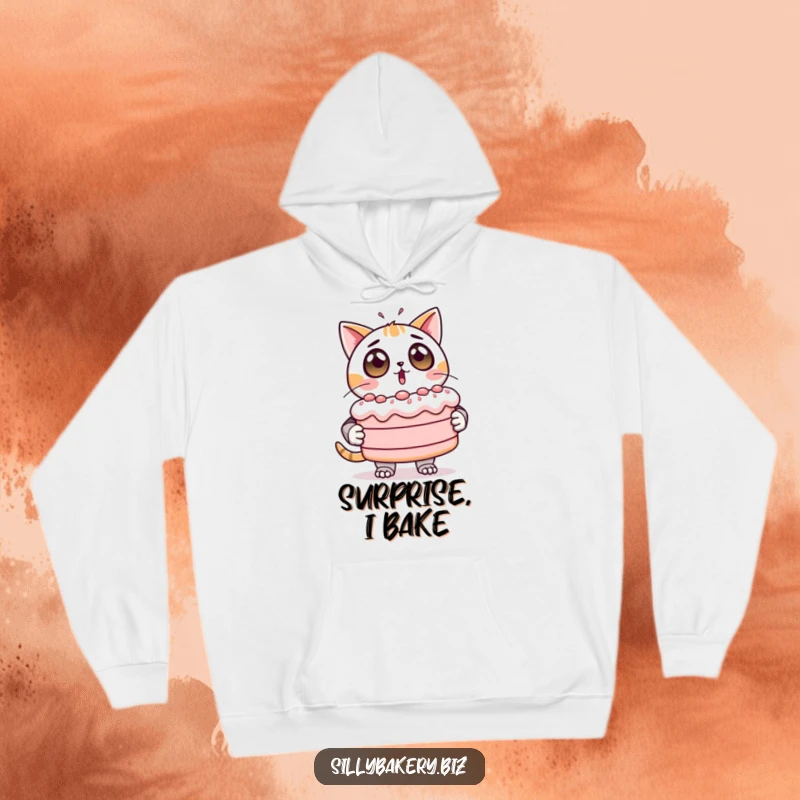 Funny Hoodie depicting a surprised cat bot holding a giant, unstable cake, cozy and comically relatable.
