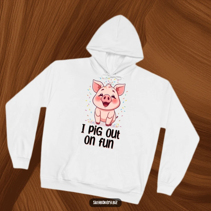 Funny pig hoodie showcasing a smiling cartoon pig gleefully tossing a massive cascade of colorful sprinkles, a sweet celebration.