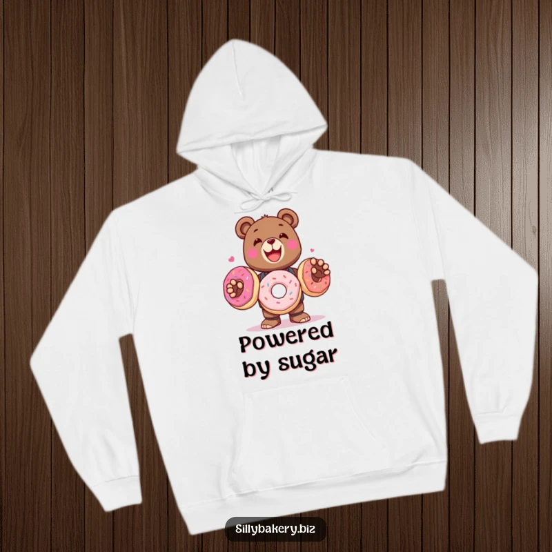 Funny Hoodie featuring a delighted bear bot juggling colorful donuts, cozy and deliciously humorous.