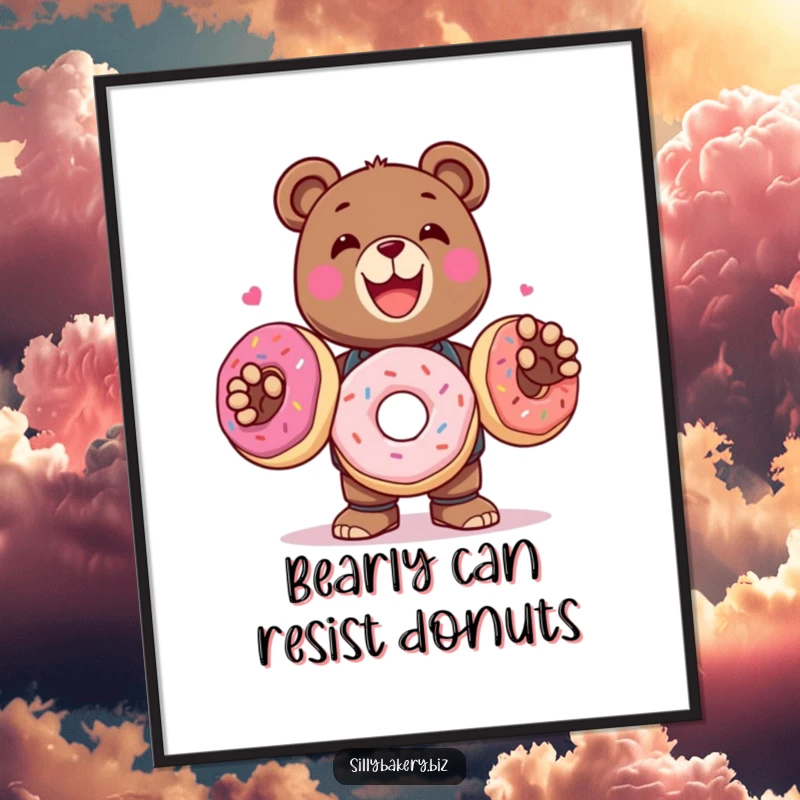 Funny Free Printable Wall Art: Delighted bear bot expertly juggles three giant, colorful donuts with a smile.
