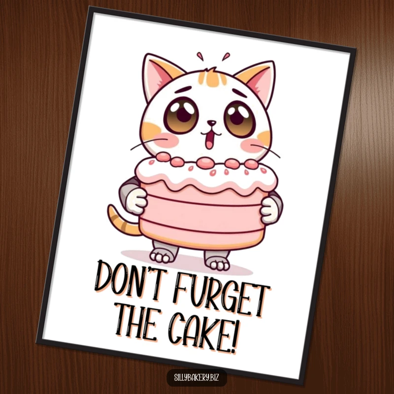 Funny Free Printable Wall Art: Surprised cat bot with wide eyes holds a giant, precariously wobbly cake.