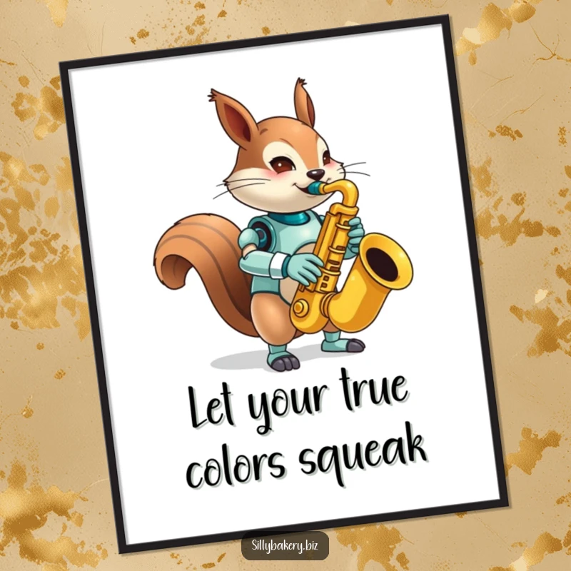 Funny Free Printable Squirrel Bot Wall Art: A mischievous robot squirrel energetically playing a comically large saxophone, adding musical humor.