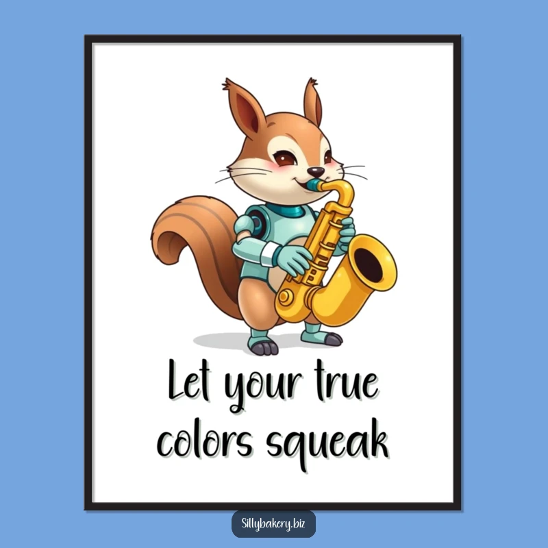 Free Printable Squirrel Bot Wall Art: Comical Sax Machine Robot Downloadable for Quirky Decor