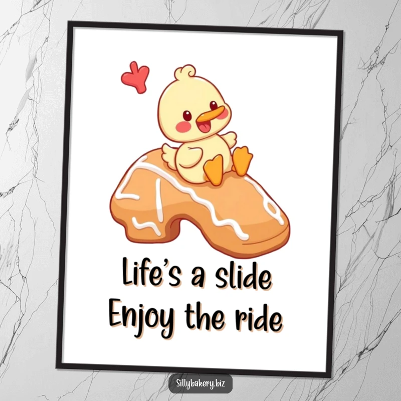 Funny Free Printable Wall Art: A cheerful cartoon duck playfully sliding down a giant gingerbread cookie.