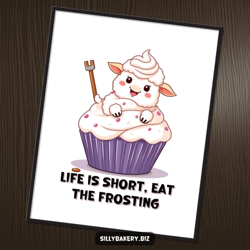 Funny Free Printable Wall Art: A fluffy sheep eagerly frosting a giant cupcake with its hoof, a messy masterpiece.