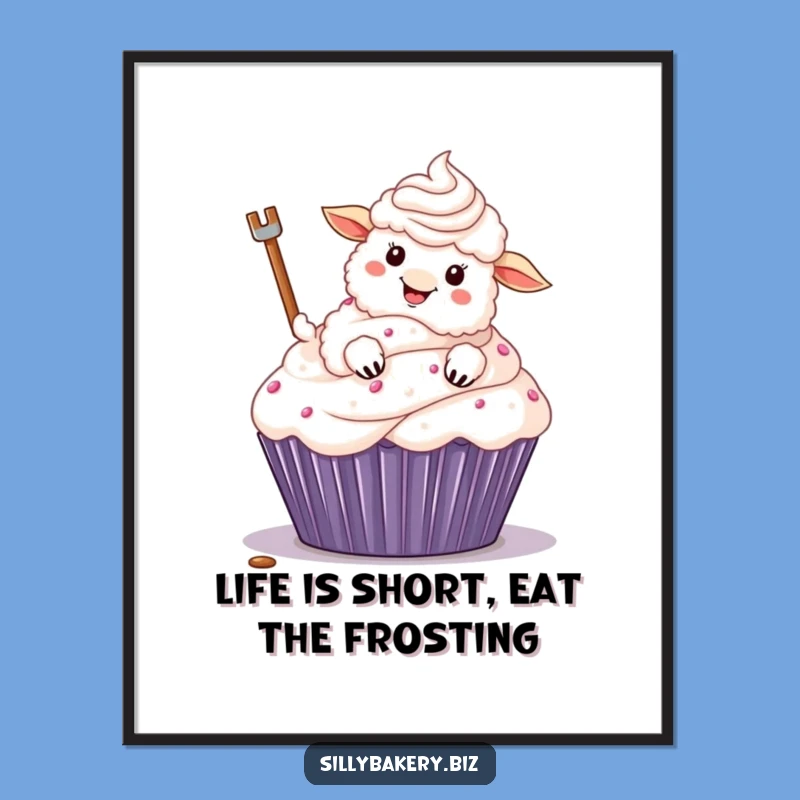 Funny Free Printable Wall Art: Sheep Devouring Cupcake, Humorous Decor Download