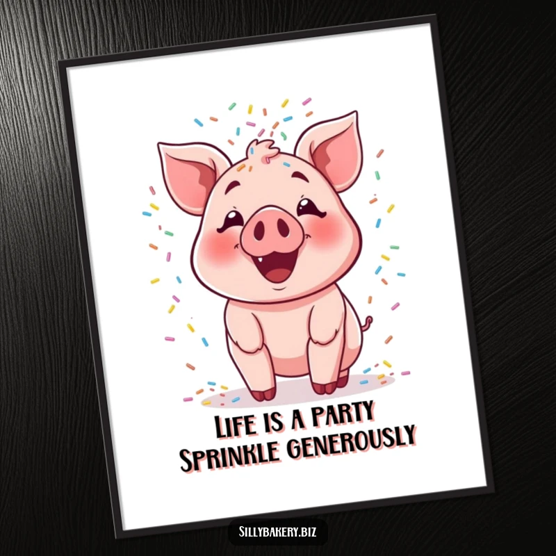 Funny Free Printable Wall Art: A smiling pig joyfully tossing a massive cascade of rainbow-colored sprinkles.