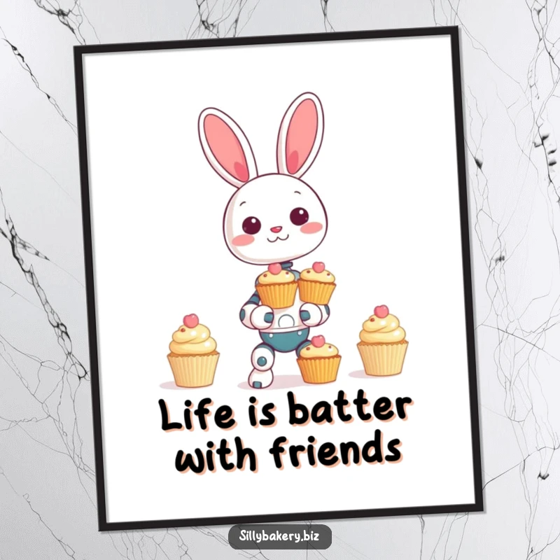 Funny Free Printable Bunny Bot Wall Art: A giggling robot bunny balancing a tower of cupcakes, radiating whimsical and sweet charm.