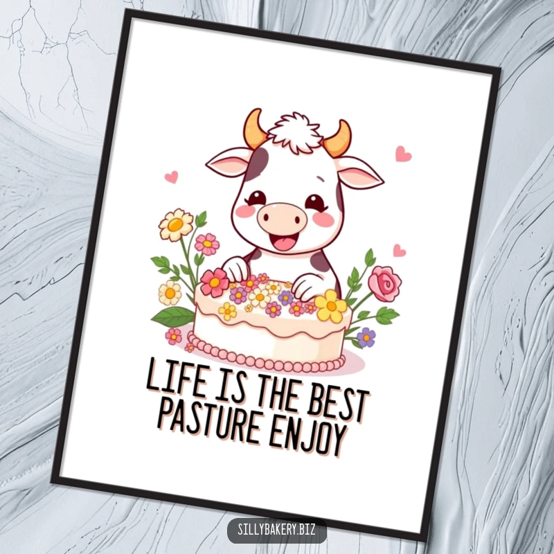Funny Free Printable Wall Art: A happy cartoon cow gleefully decorating a cake with vibrant edible flowers.