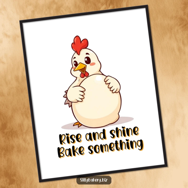 Funny Free Printable Wall Art: A determined cartoon chicken enthusiastically kneading a large ball of bread dough.