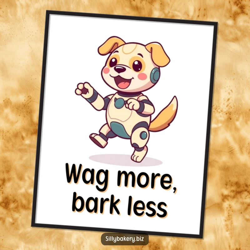 Funny Free Printable Dog Bot Wall Art: A happy robot in mid-jig, tail wagging, bringing energetic and humorous vibes to any space.