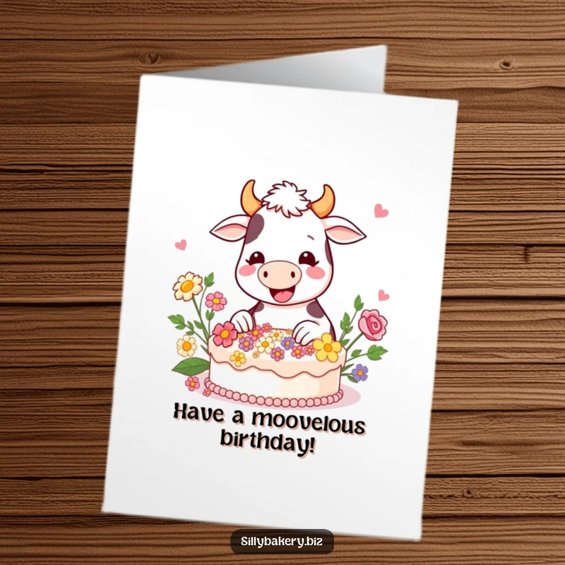 Funny Free Printable Birthday Card: A happy cartoon cow gleefully decorates a cake with edible flowers.