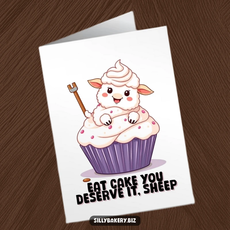 Funny Free Printable Birthday Card: A fluffy sheep gleefully frosts a giant cupcake with its hoof.
