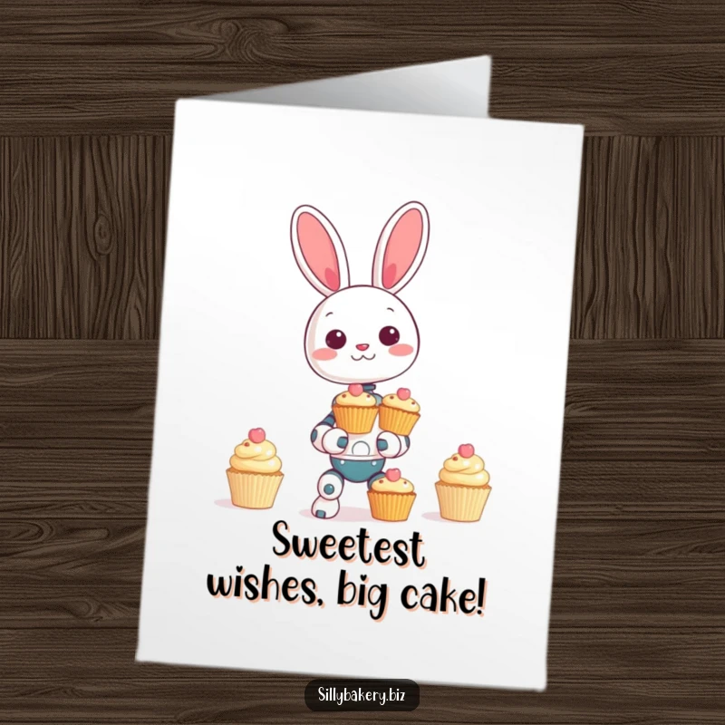 Funny Free Printable Bunny Bot Birthday Card: A laughing robot bunny trying to balance cupcakes, adding sweet humor to celebrations.