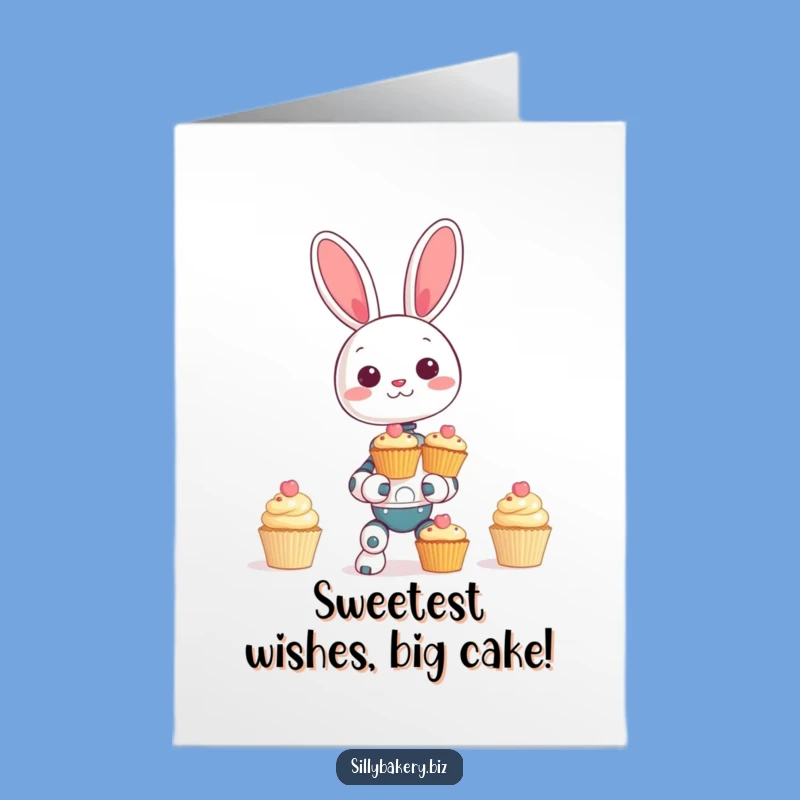 Free Printable Bunny Bot Birthday Card: Giggling Robot Balancing Cake Downloadable Gift