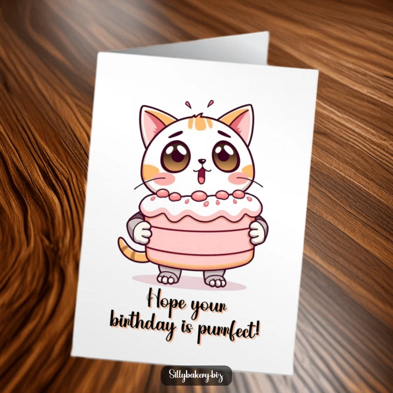 Funny Free Printable Birthday Card: Surprised cat bot with wide eyes clutches a giant, unsteady, wobbly cake.