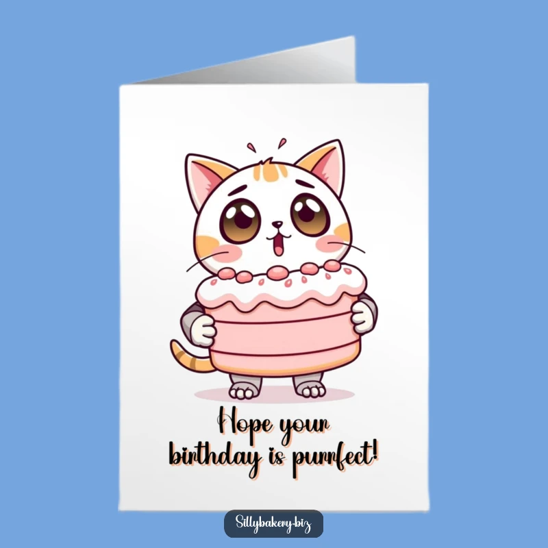 Free Printable Cat Bot Birthday Card: Wobbly Cake Surprise Downloadable Greeting