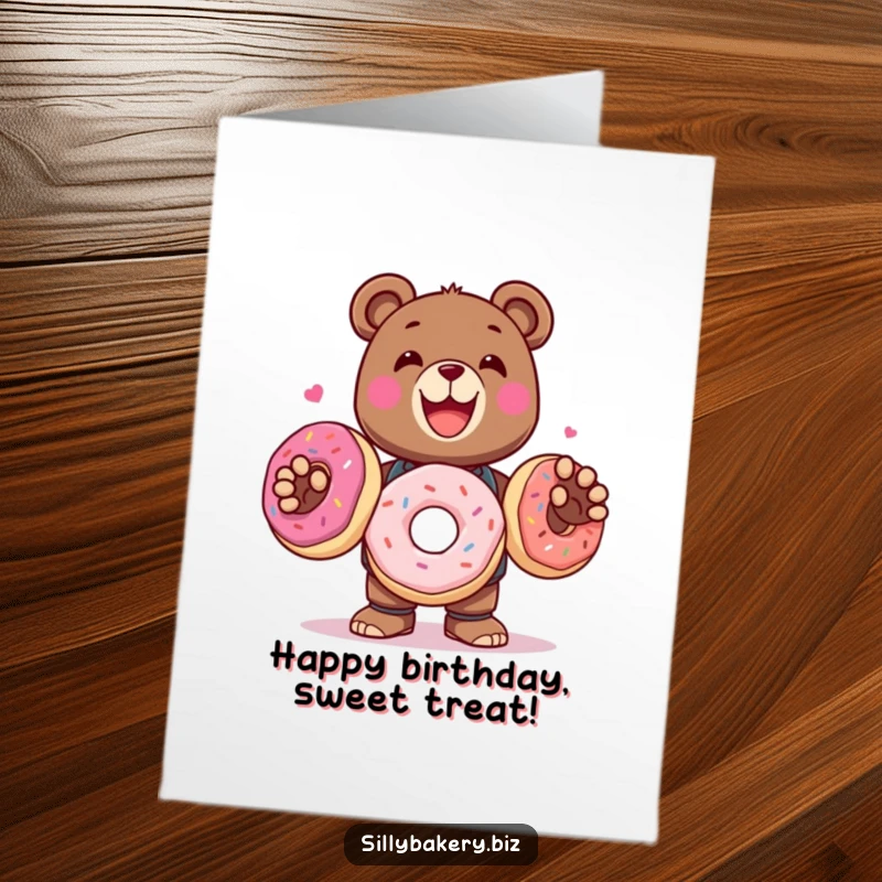 Funny Free Printable Birthday Card: Delighted bear bot happily juggles three large, colorful donuts.