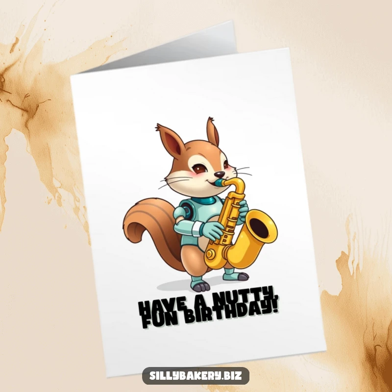 Funny Free Printable Squirrel Bot Birthday Card: A mischievous robot squirrel playing a comically large saxophone, celebrating with loud joy.