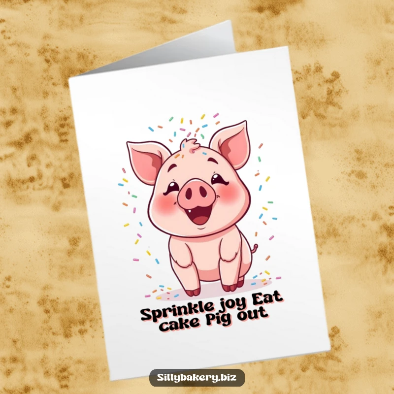 Funny Free Printable Birthday Card: A smiling pig joyfully tosses a huge cascade of colorful sprinkles.
