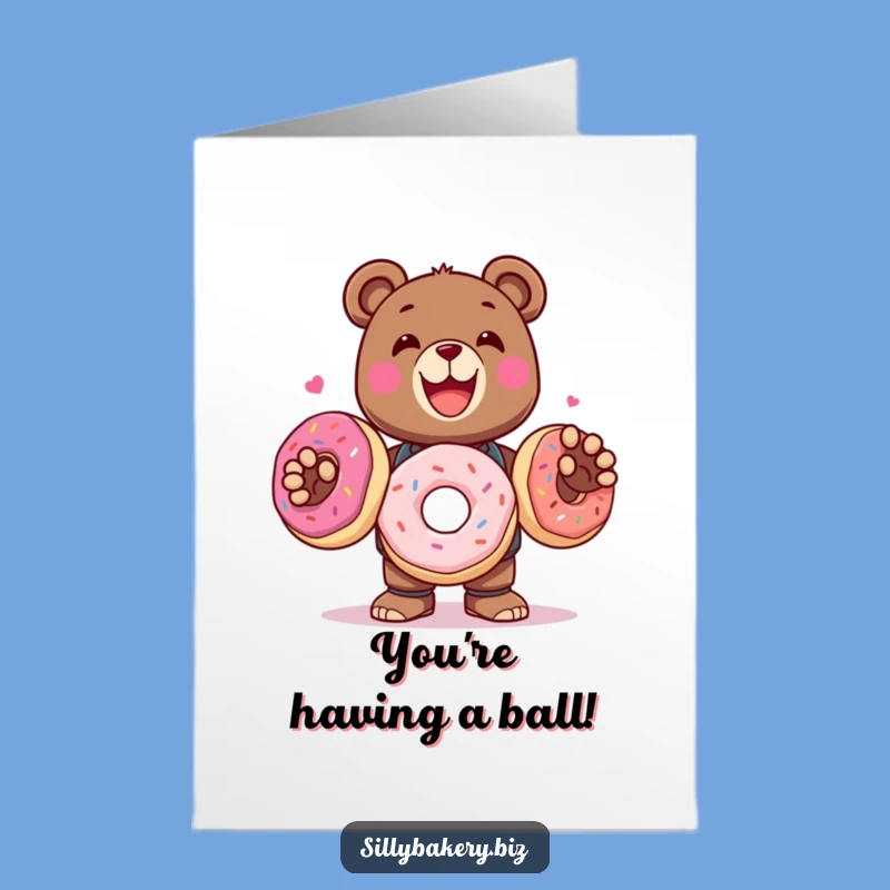 Free Printable Bear Bot Congrats Card: Donut Juggling Success Downloadable Greeting