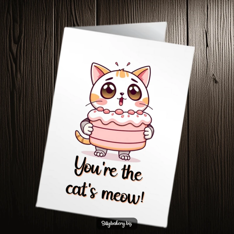 Funny Free Printable Congrats Card: Surprised cat bot holds a giant, wobbling cake in celebration.