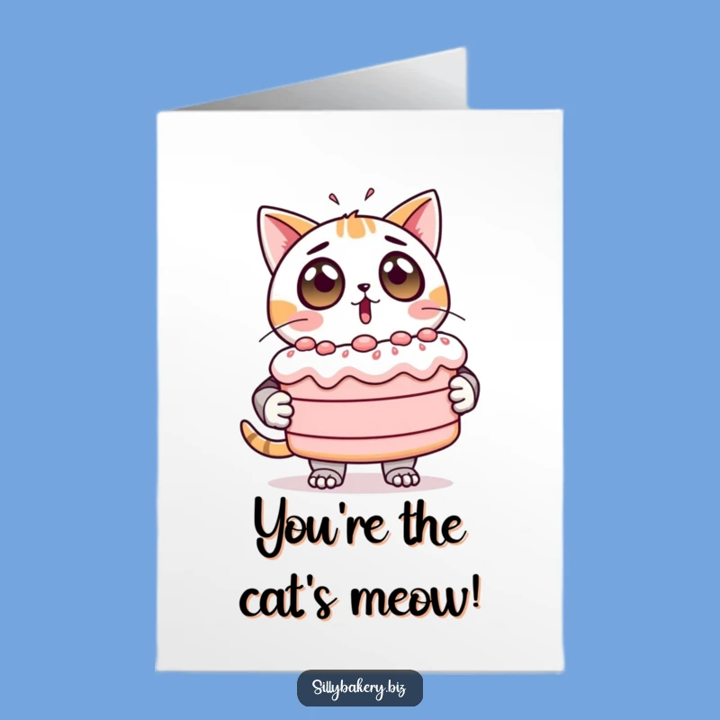 Free Printable Cat Bot Congrats Card: Wobbly Cake Celebration Downloadable Greeting