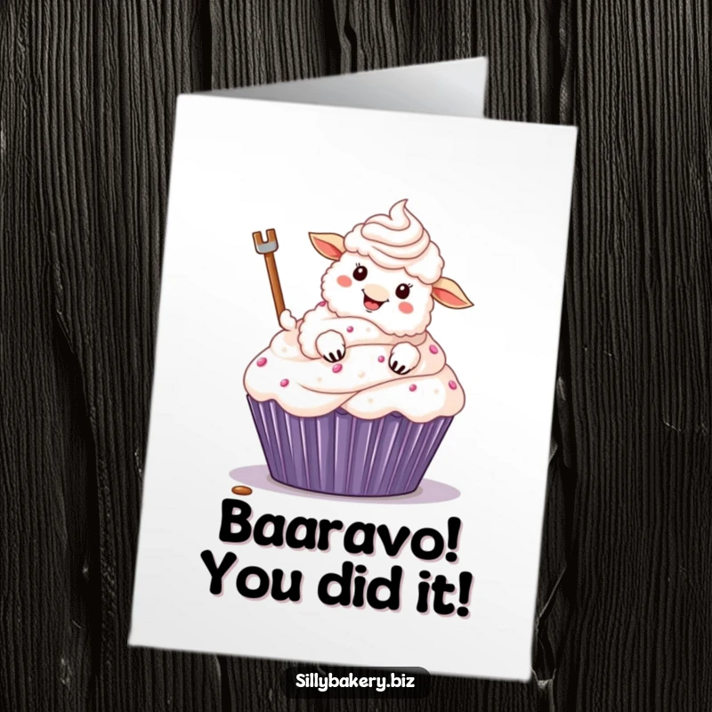 Funny Free Printable Congrats Card: A sheep excitedly frosts a massive cupcake, perfect for celebrating wins.