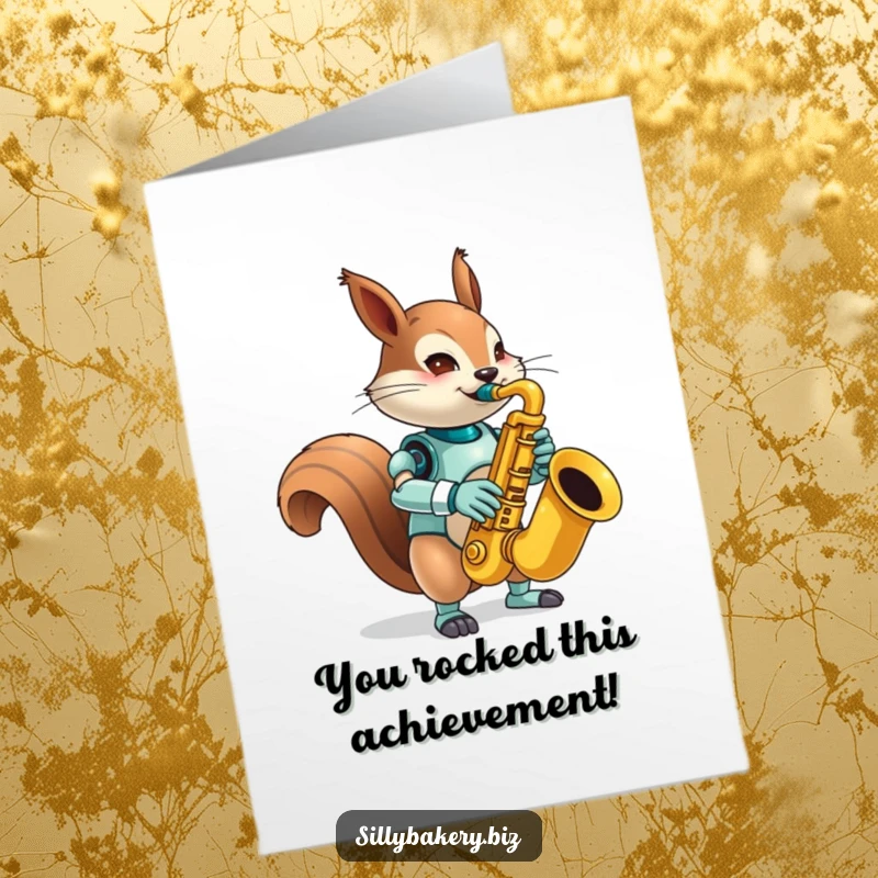 Funny Free Printable Squirrel Bot Congratulations Card: A mischievous robot squirrel tooting a large saxophone, announcing their jazzy achievement.
