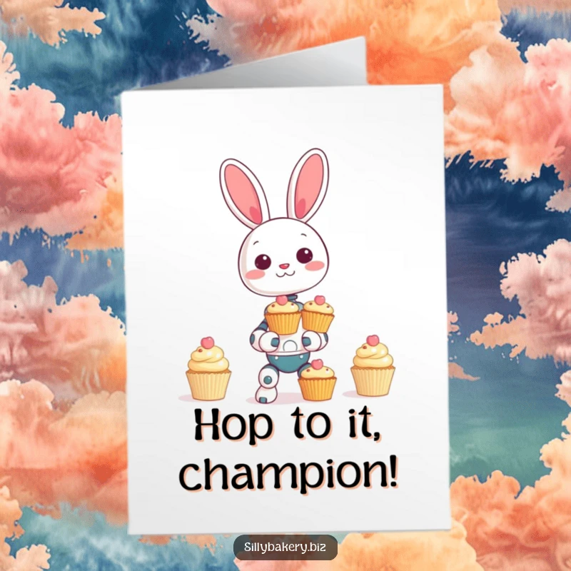 Funny Free Printable Bunny Bot Congratulations Card: A giggling robot bunny precariously balancing cupcakes, celebrating a sweet success.