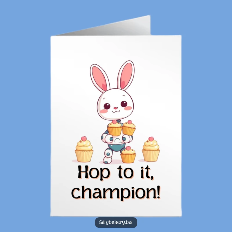 Free Printable Bunny Bot Congrats Card: Balancing Cake Robot Downloadable for Sweet Victories