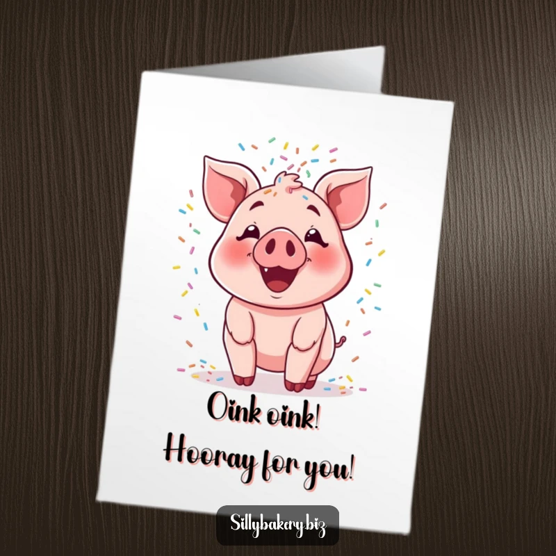 Funny Free Printable Congrats Card: A cartoon pig joyfully throws a shower of colorful sprinkles as a celebration.